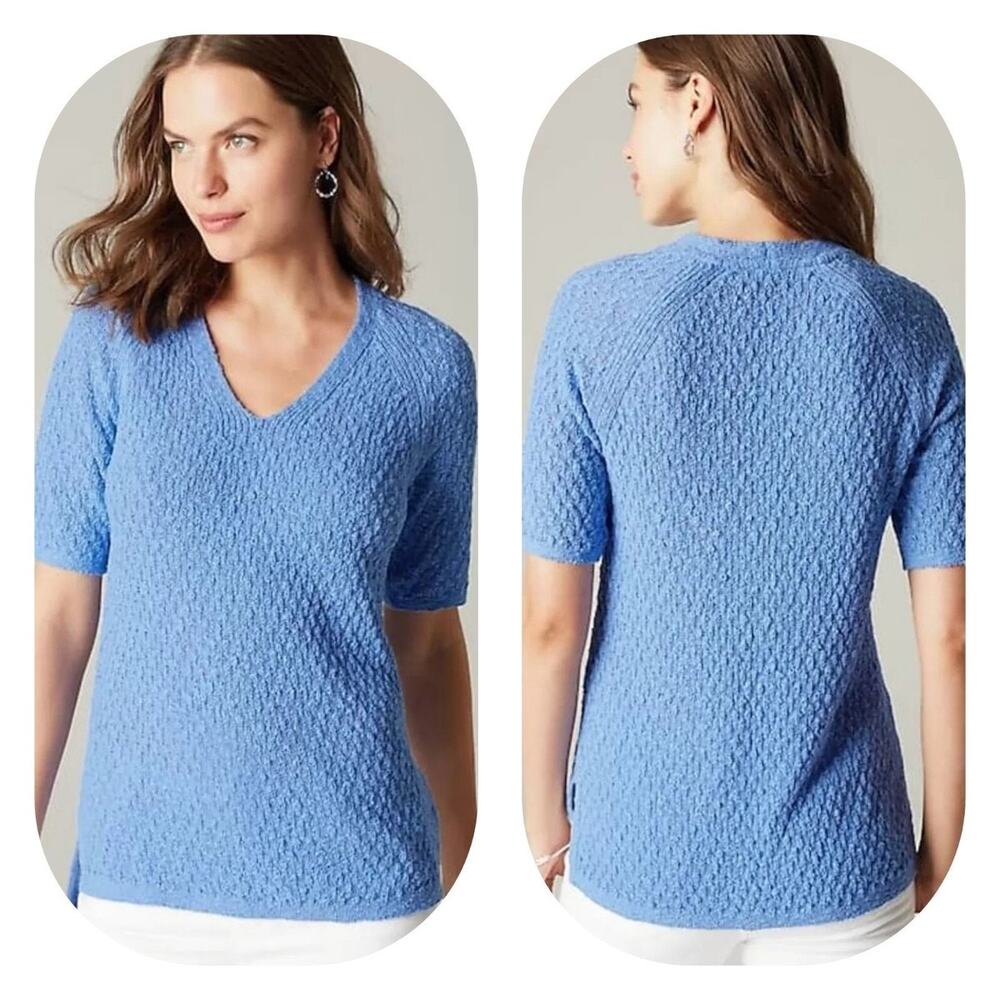 J. Jill Blue Dimensional Relaxed Fit Elbow-Sleeve V-Neck Sweater Size XS